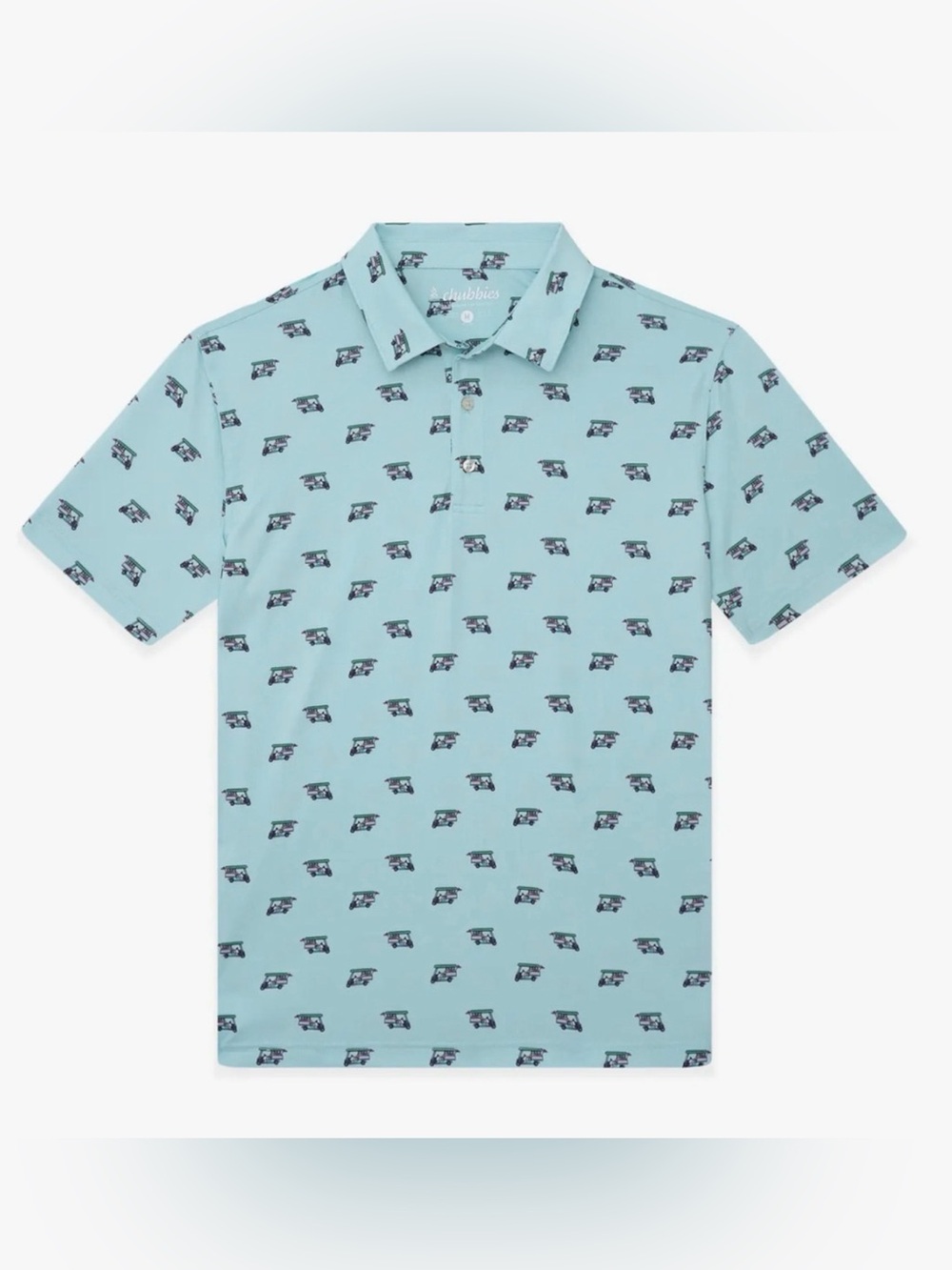 CHUBBIES LIGHT TEAL GOLF CARTS BIRDIE JUICE PRINTED PERFORMANCE POLO SHIRT SZ L